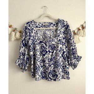 Rachel Zoe Linen Blend Square Neck Blue Floral Top Feminine Coastal Cottage XS